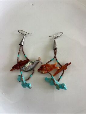 Native American Zuni hand carved animal fetish dangle pierced ear earrings